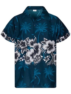 Funky Hawaiian Shirt Men Shortsleeve Frontpocket Hawaiian-Print Leaves Flowers Chest Border Print