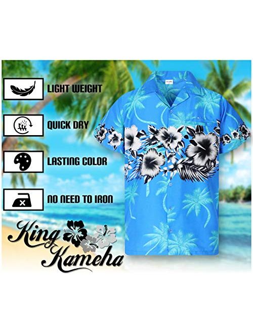 King Kameha Funky Hawaiian Shirt Men Shortsleeve Frontpocket Hawaiian-Print Leaves Flowers Chest Border Print