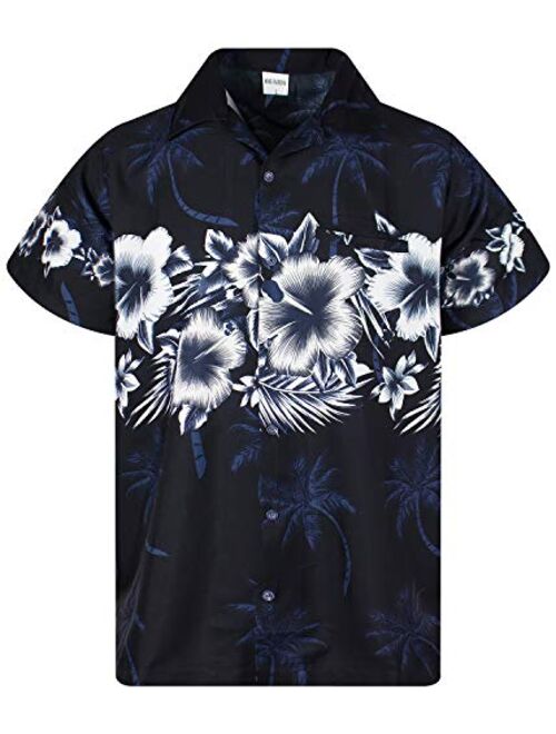 King Kameha Funky Hawaiian Shirt Men Shortsleeve Frontpocket Hawaiian-Print Leaves Flowers Chest Border Print