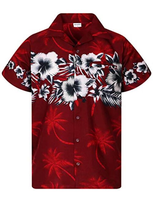 King Kameha Funky Hawaiian Shirt Men Shortsleeve Frontpocket Hawaiian-Print Leaves Flowers Chest Border Print