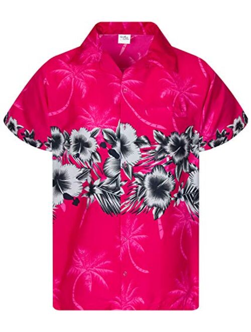 King Kameha Funky Hawaiian Shirt Men Shortsleeve Frontpocket Hawaiian-Print Leaves Flowers Chest Border Print