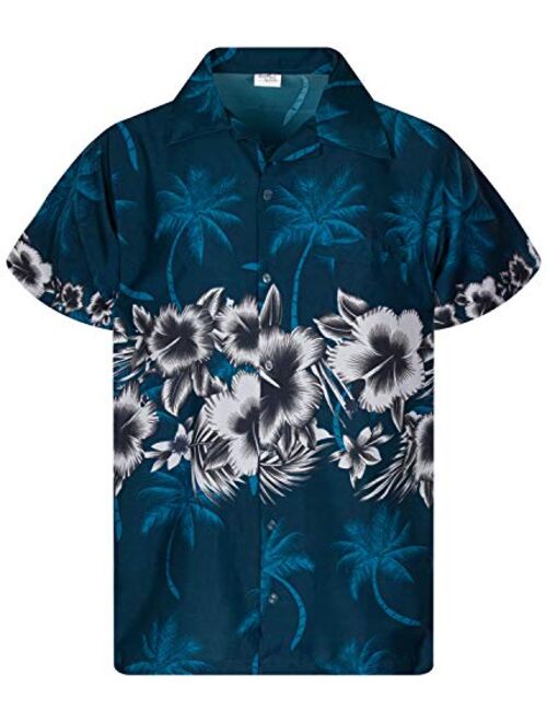 King Kameha Funky Hawaiian Shirt Men Shortsleeve Frontpocket Hawaiian-Print Leaves Flowers Chest Border Print