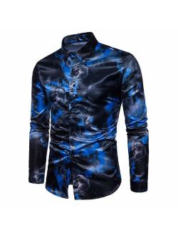 Mens Printed Shirt Long Sleeve Slim Fit Button Down Dress Shirts Casual Stylish