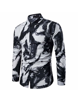 Mens Printed Shirt Long Sleeve Slim Fit Button Down Dress Shirts Casual Stylish