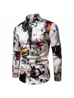 Mens Printed Shirt Long Sleeve Slim Fit Button Down Dress Shirts Casual Stylish