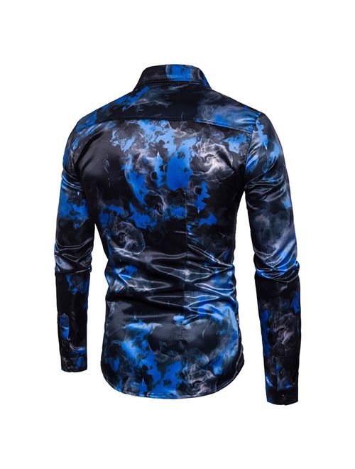 Mens Printed Shirt Long Sleeve Slim Fit Button Down Dress Shirts Casual Stylish