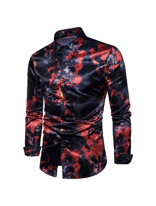 Mens Printed Shirt Long Sleeve Slim Fit Button Down Dress Shirts Casual Stylish