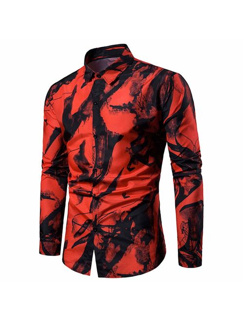 Mens Printed Shirt Long Sleeve Slim Fit Button Down Dress Shirts Casual Stylish