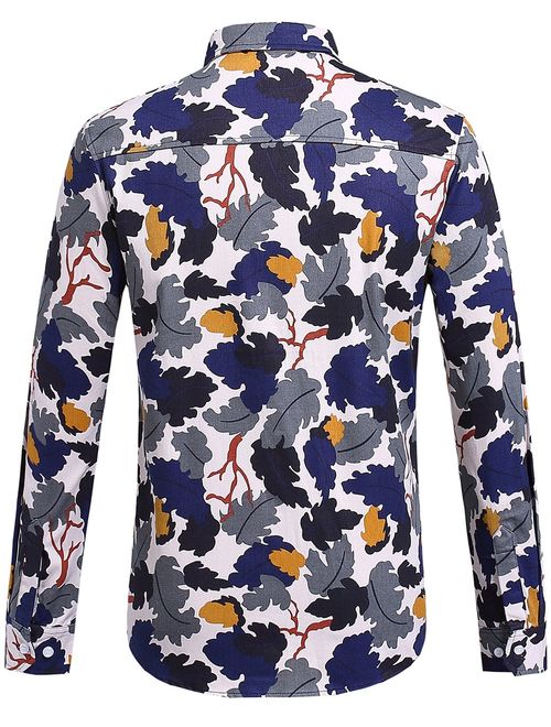 SSLR Men's Floral Cotton Button Down Long Sleeve Hawaiian Shirt