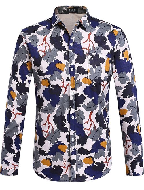 SSLR Men's Floral Cotton Button Down Long Sleeve Hawaiian Shirt