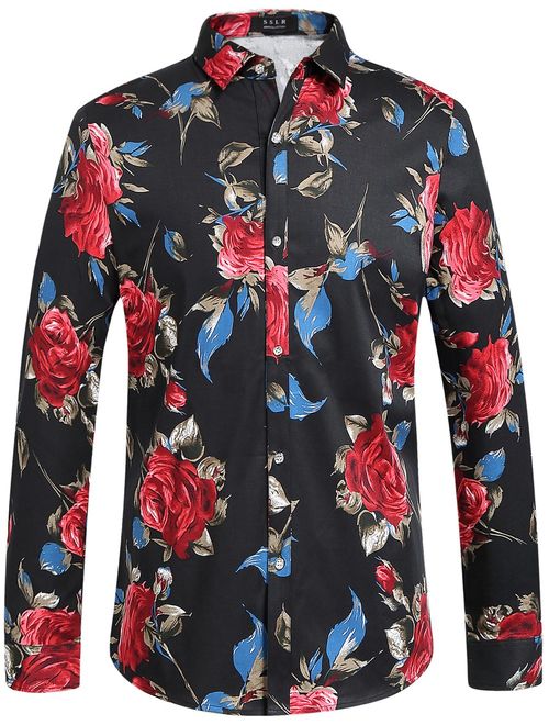 SSLR Men's Floral Cotton Button Down Long Sleeve Hawaiian Shirt