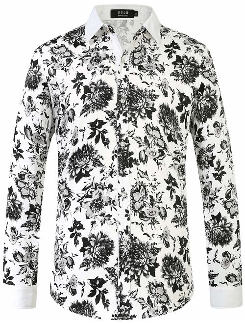 SSLR Men's Floral Cotton Button Down Long Sleeve Hawaiian Shirt