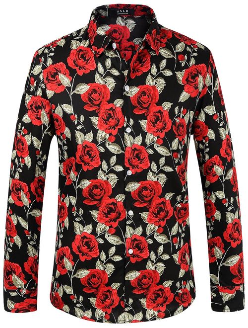 SSLR Men's Floral Cotton Button Down Long Sleeve Hawaiian Shirt