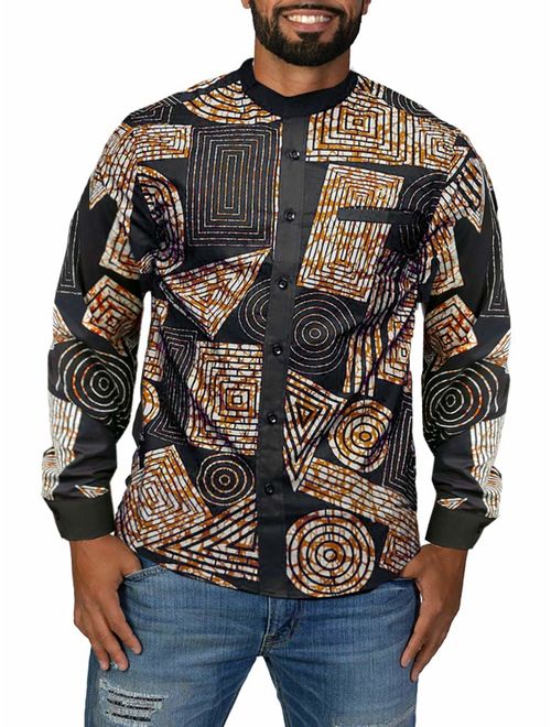 Mens African Dashiki Print Shirt Button Down Long Sleeve Banded Collar Slim Fit Tops with Pocket