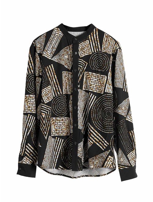 Mens African Dashiki Print Shirt Button Down Long Sleeve Banded Collar Slim Fit Tops with Pocket