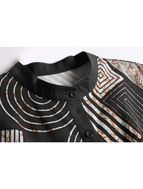 Mens African Dashiki Print Shirt Button Down Long Sleeve Banded Collar Slim Fit Tops with Pocket