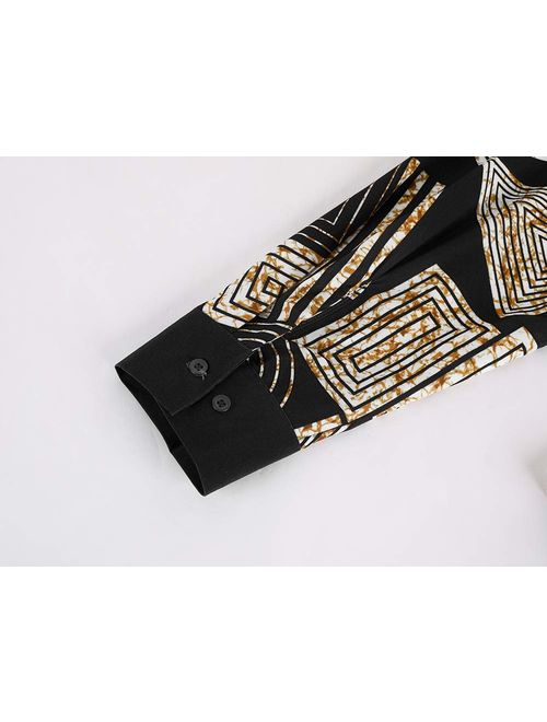 Mens African Dashiki Print Shirt Button Down Long Sleeve Banded Collar Slim Fit Tops with Pocket