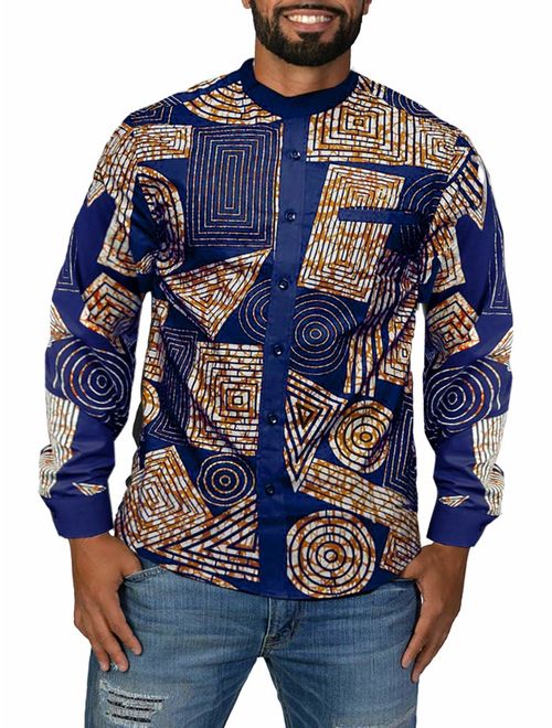 Mens African Dashiki Print Shirt Button Down Long Sleeve Banded Collar Slim Fit Tops with Pocket