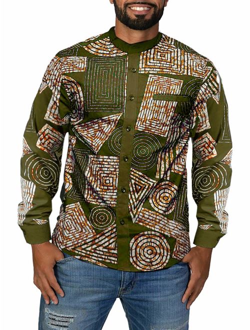 Mens African Dashiki Print Shirt Button Down Long Sleeve Banded Collar Slim Fit Tops with Pocket