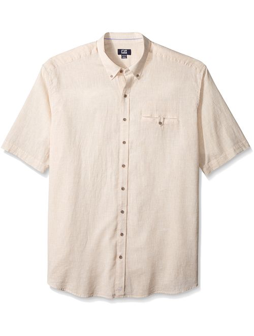 Cutter & Buck Men's Big and Tall Short Sleeve Cove Stripe Shirt, Khaki, 2X/Tall