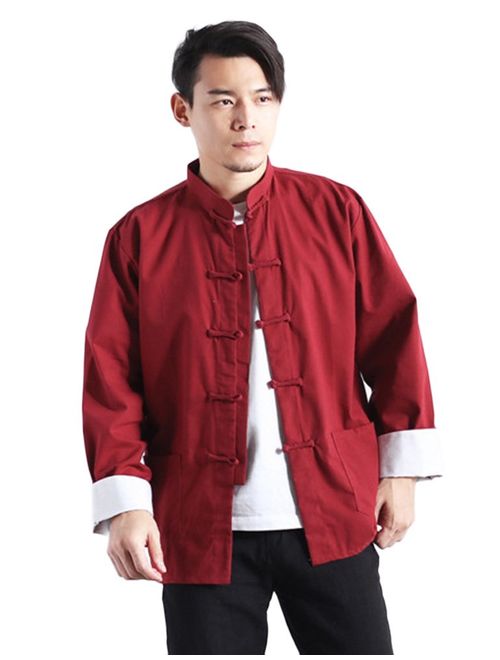 Idopy Men`s Chinese Traditional Linen Cotton Tai Chi Kung Fu Mandarin Collar Frog-Button Shirt