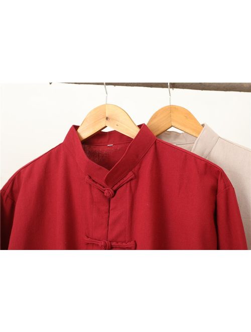 Idopy Men`s Chinese Traditional Linen Cotton Tai Chi Kung Fu Mandarin Collar Frog-Button Shirt