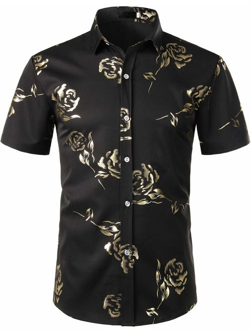 ZEROYAA Mens Hipster Gold Rose Printed Slim Fit Short Sleeve Button Down Dress Shirts