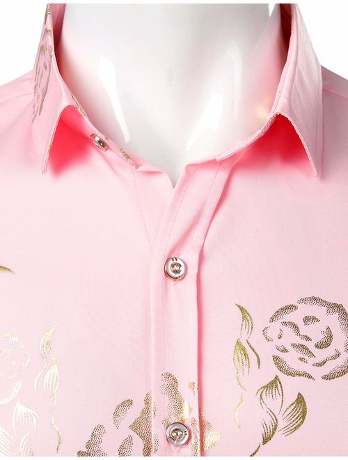 ZEROYAA Mens Hipster Gold Rose Printed Slim Fit Short Sleeve Button Down Dress Shirts