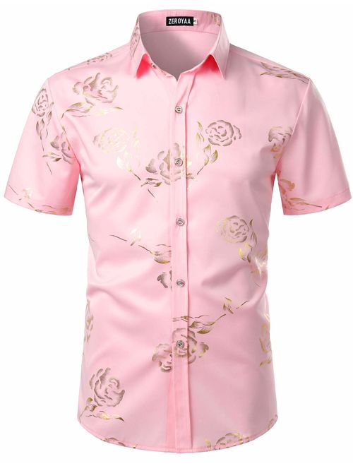 ZEROYAA Mens Hipster Gold Rose Printed Slim Fit Short Sleeve Button Down Dress Shirts