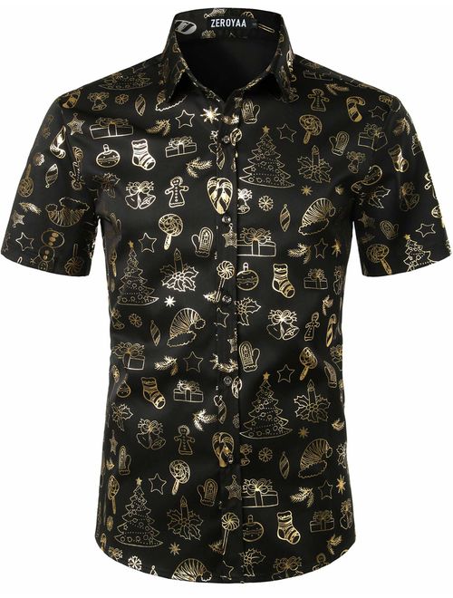 ZEROYAA Mens Hipster Gold Rose Printed Slim Fit Short Sleeve Button Down Dress Shirts