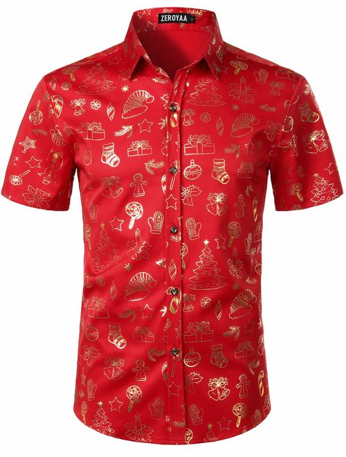 ZEROYAA Mens Hipster Gold Rose Printed Slim Fit Short Sleeve Button Down Dress Shirts