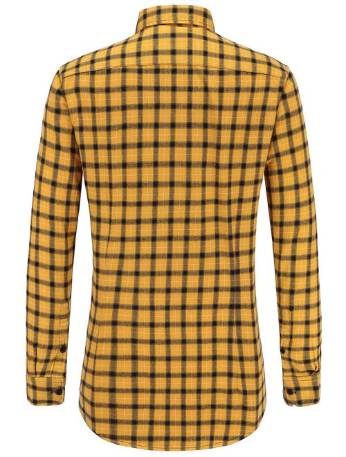 Emiqude Men's 100% Cotton Slim Fit Long Sleeve Plaid Button-Down Checked Dress Shirt