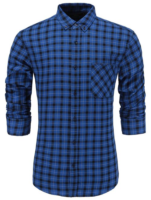 Emiqude Men's 100% Cotton Slim Fit Long Sleeve Plaid Button-Down Checked Dress Shirt