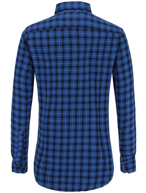 Emiqude Men's 100% Cotton Slim Fit Long Sleeve Plaid Button-Down Checked Dress Shirt