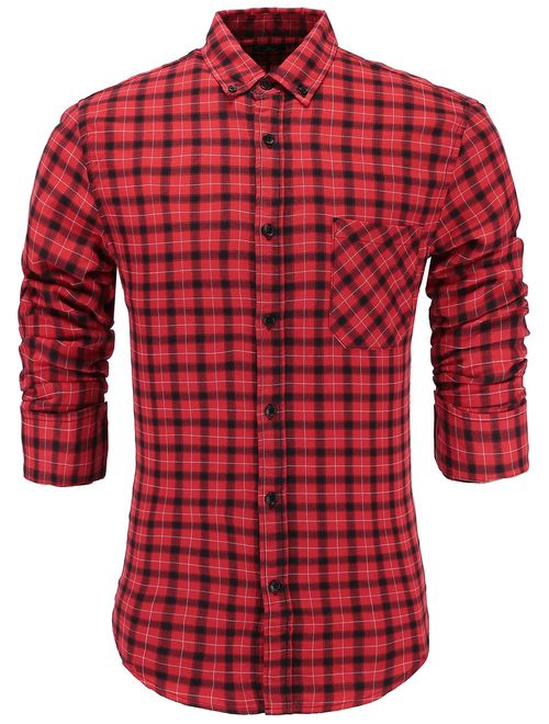 Emiqude Men's 100% Cotton Slim Fit Long Sleeve Plaid Button-Down Checked Dress Shirt