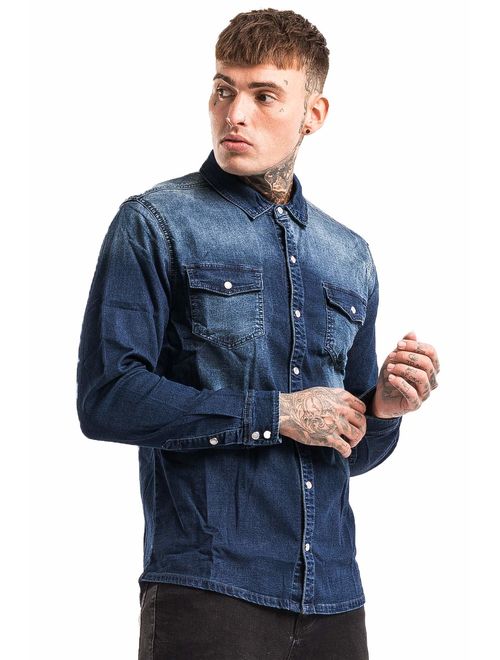 Heyfanee Mens Jeans Shirts Long Sleeve Button Down Denim Work Dress Shirt for Men