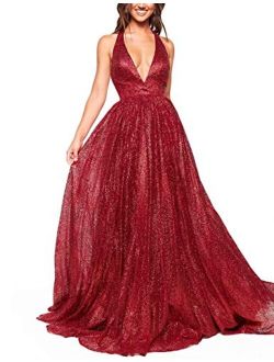 AiniDress Women's Deep V-Neck Prom Dress Long Backless Tulle Evening Gown