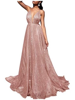 AiniDress Women's Deep V-Neck Prom Dress Long Backless Tulle Evening Gown