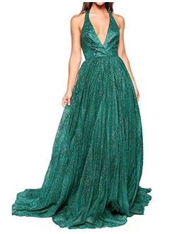 AiniDress Women's Deep V-Neck Prom Dress Long Backless Tulle Evening Gown