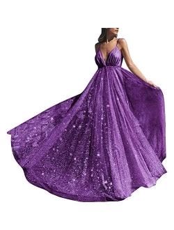 AiniDress Women's Deep V-Neck Prom Dress Long Backless Tulle Evening Gown