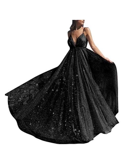 AiniDress Women's Deep V-Neck Prom Dress Long Backless Tulle Evening Gown