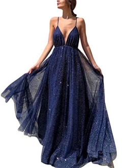 AiniDress Women's Deep V-Neck Prom Dress Long Backless Tulle Evening Gown