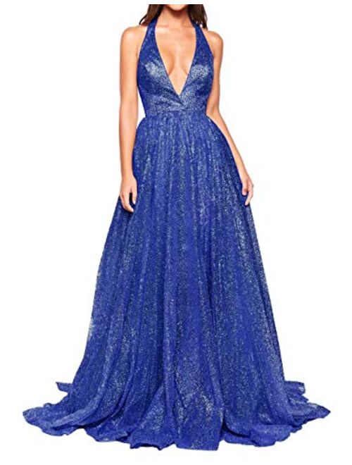 AiniDress Women's Deep V-Neck Prom Dress Long Backless Tulle Evening Gown