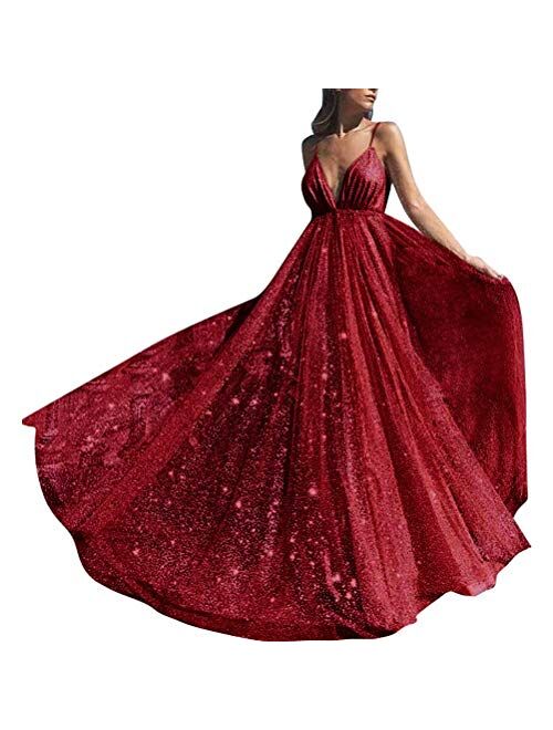 AiniDress Women's Deep V-Neck Prom Dress Long Backless Tulle Evening Gown