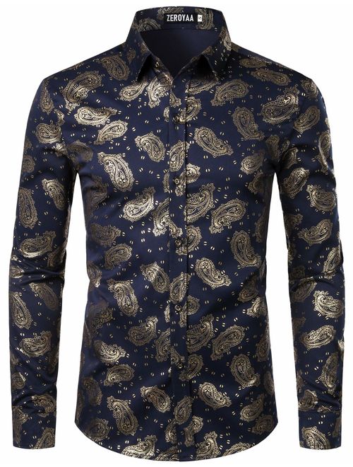 ZEROYAA Men's Nightclub Rose Gold Shiny Flowered Printed Slim Fit Button Down Dress Shirts for Party