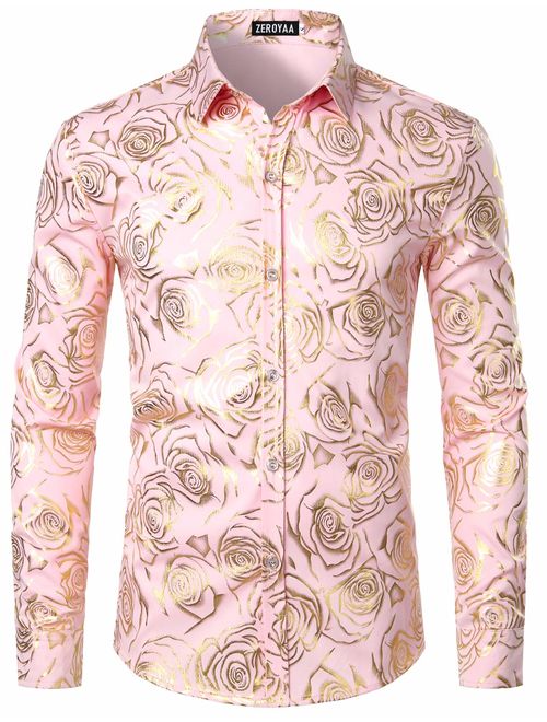 ZEROYAA Men's Nightclub Rose Gold Shiny Flowered Printed Slim Fit Button Down Dress Shirts for Party