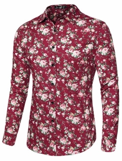 Lars Amadeus Men Floral Button Down Long Sleeve Hawaiian Flower Printed Shirt