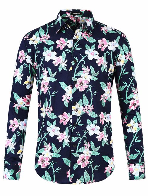 Lars Amadeus Men Floral Button Down Long Sleeve Hawaiian Flower Printed Shirt