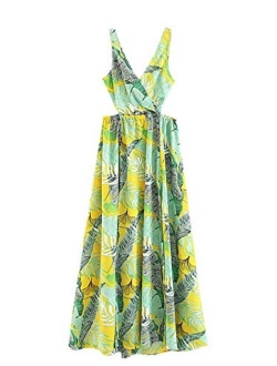 Women Sexy Sleeveless V-Neck Split Summer Beach Floral Print Maxi Dress