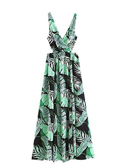 Floerns Women Sexy Sleeveless V-Neck Split Summer Beach Floral Print Maxi Dress